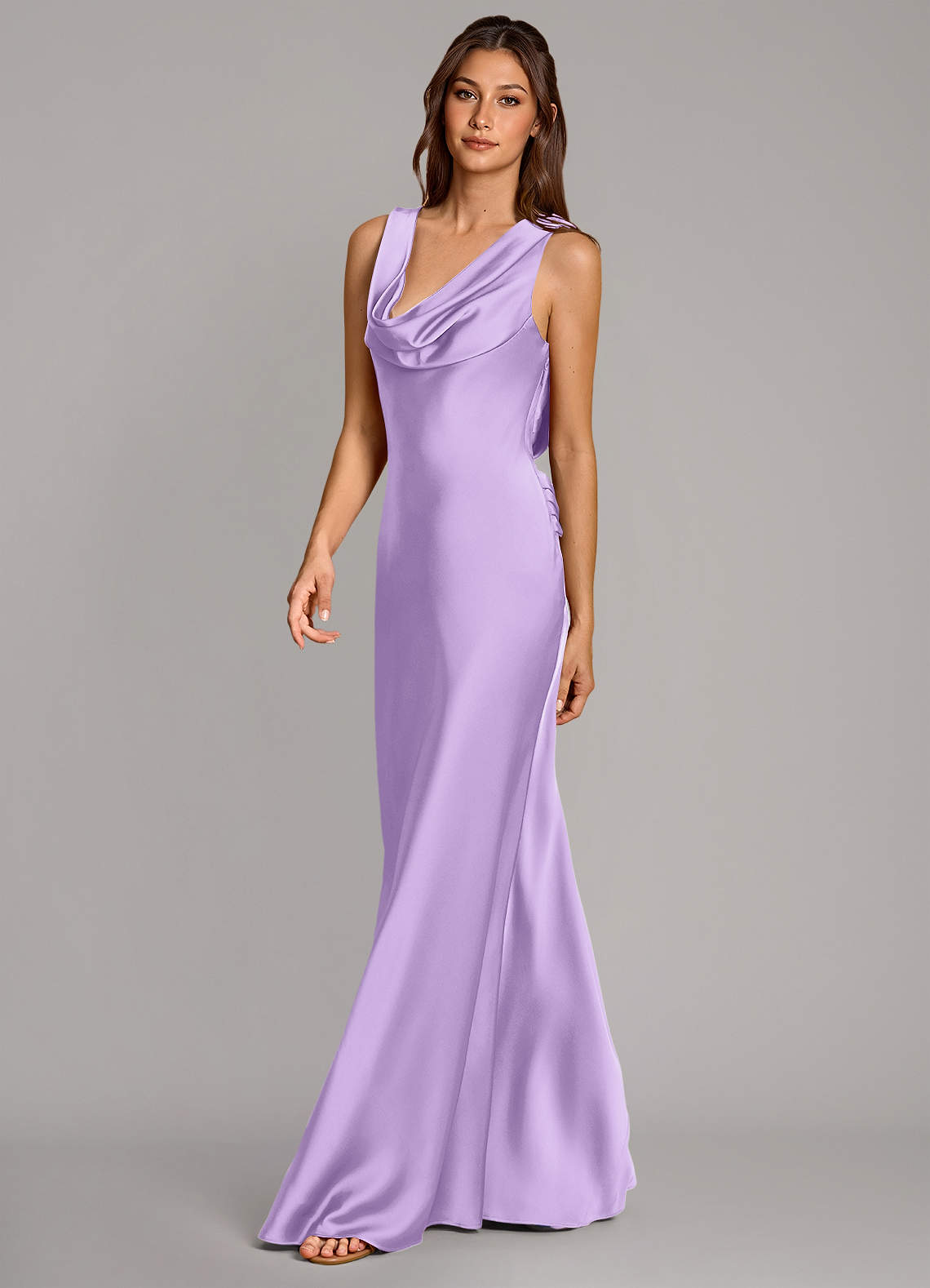 Cheryl Mermaid Cowl-Neck Stretch Satin Bridesmaid Dress in Lilac