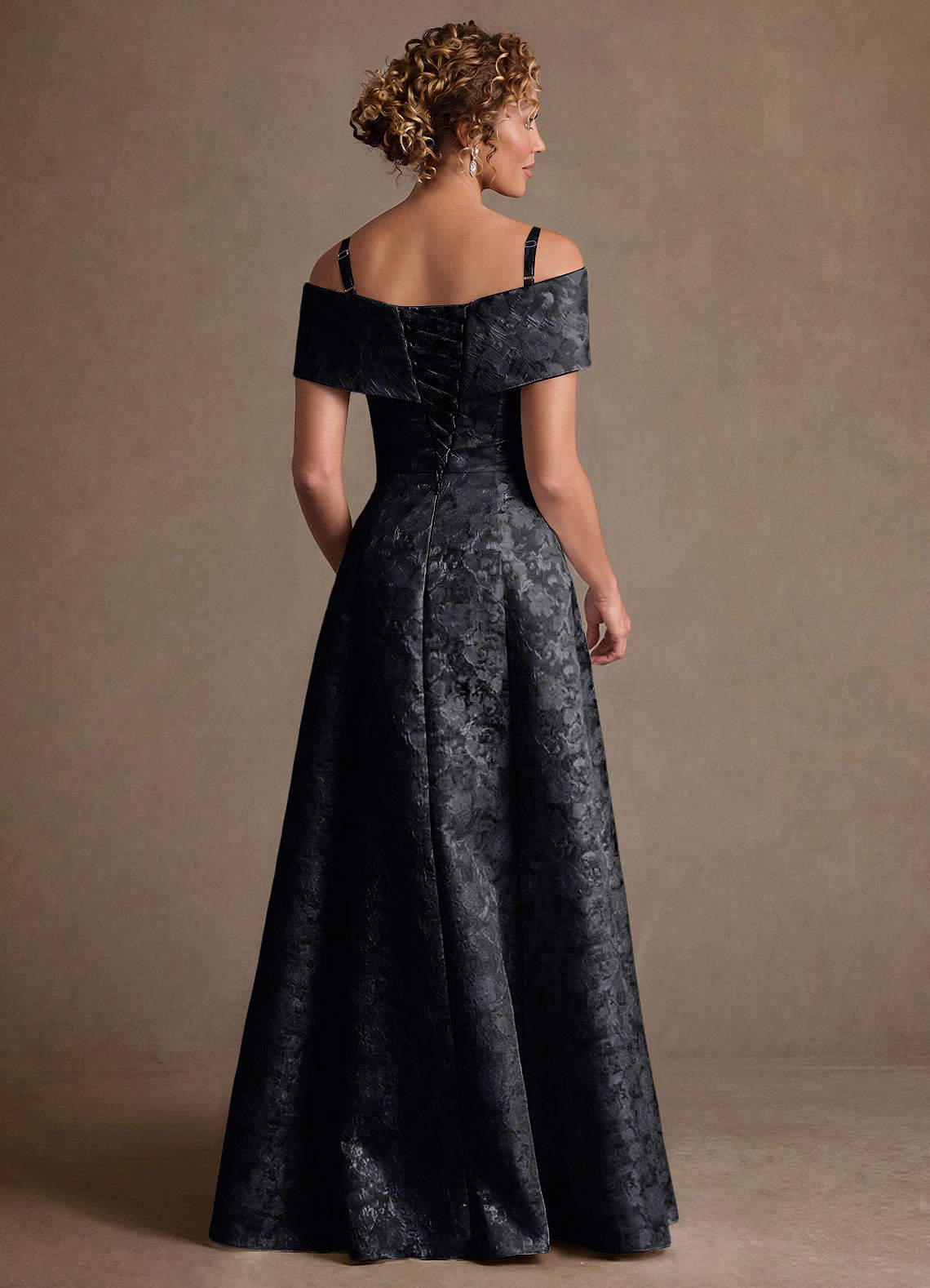 Harriett A-Line Off-the-Shoulder Jacquard Mother of the Bride Dress in black