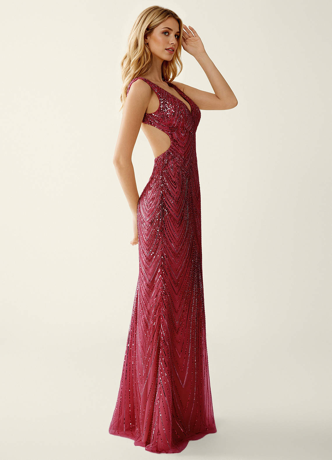 Hazelen Plunging V-Neck Chevron Sequin Tulle Evening Dress in Solid Burgundy