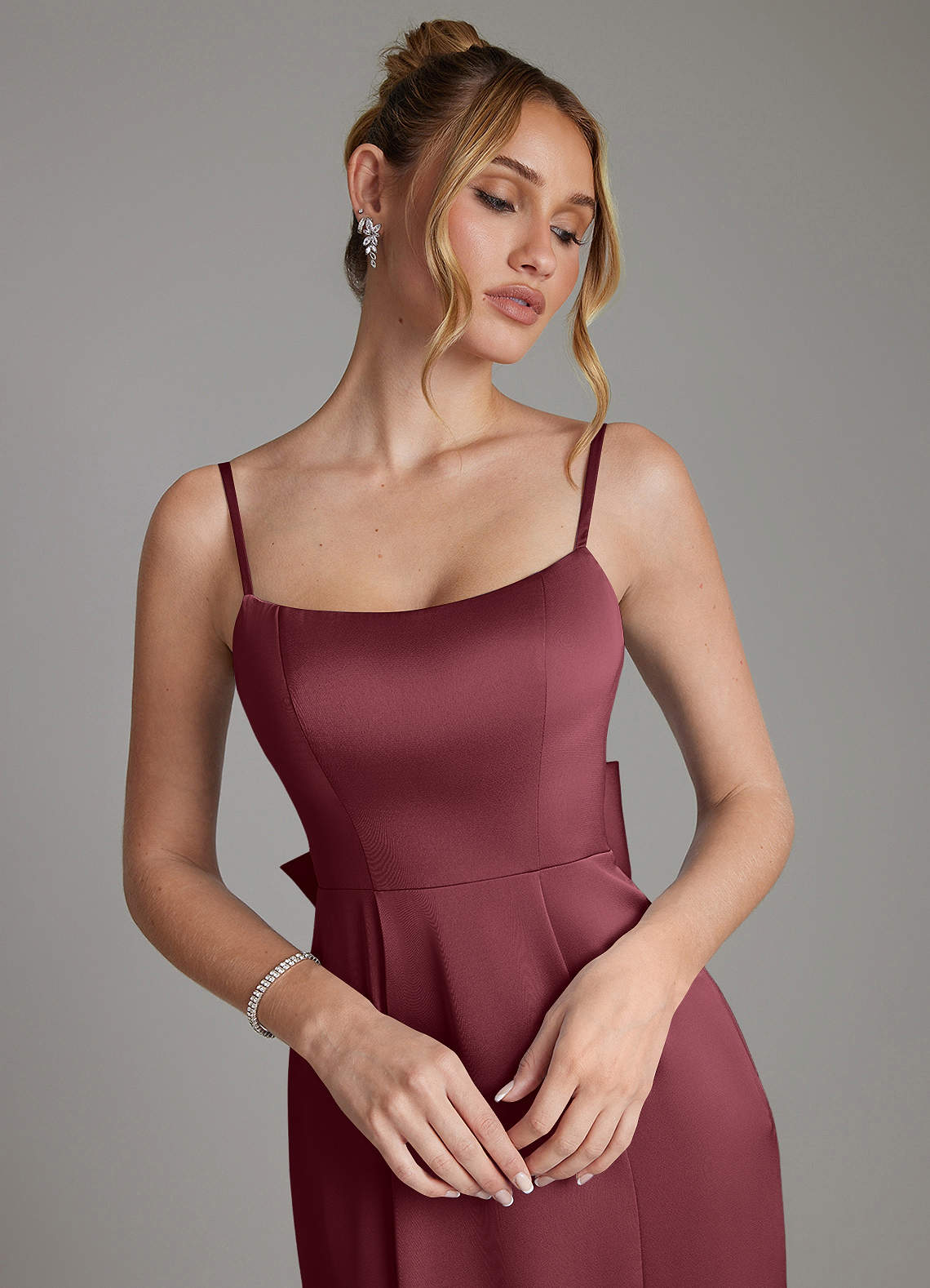 Zherra Mermaid Scoop-Neck Stretch Satin Bridesmaid Dress in Merlot