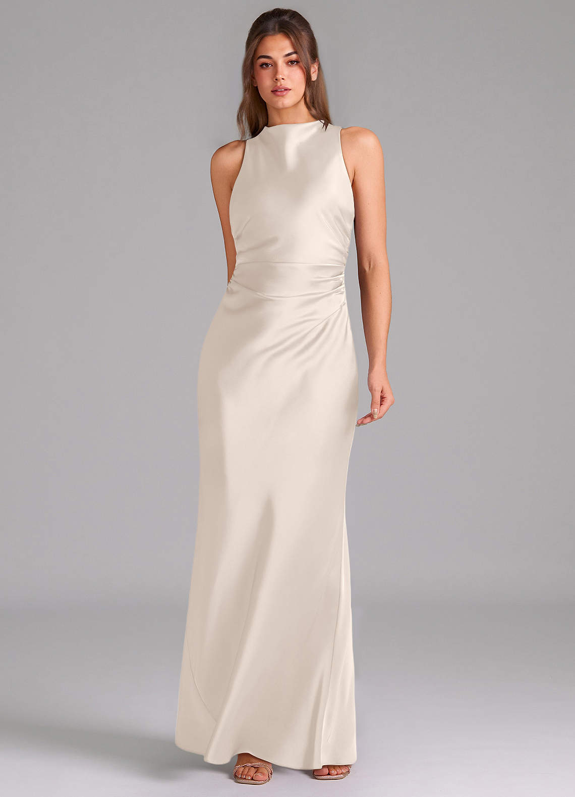 Evadne Sheath Scoop-Neck Stretch Satin Bridesmaid Dress in White Alabaster