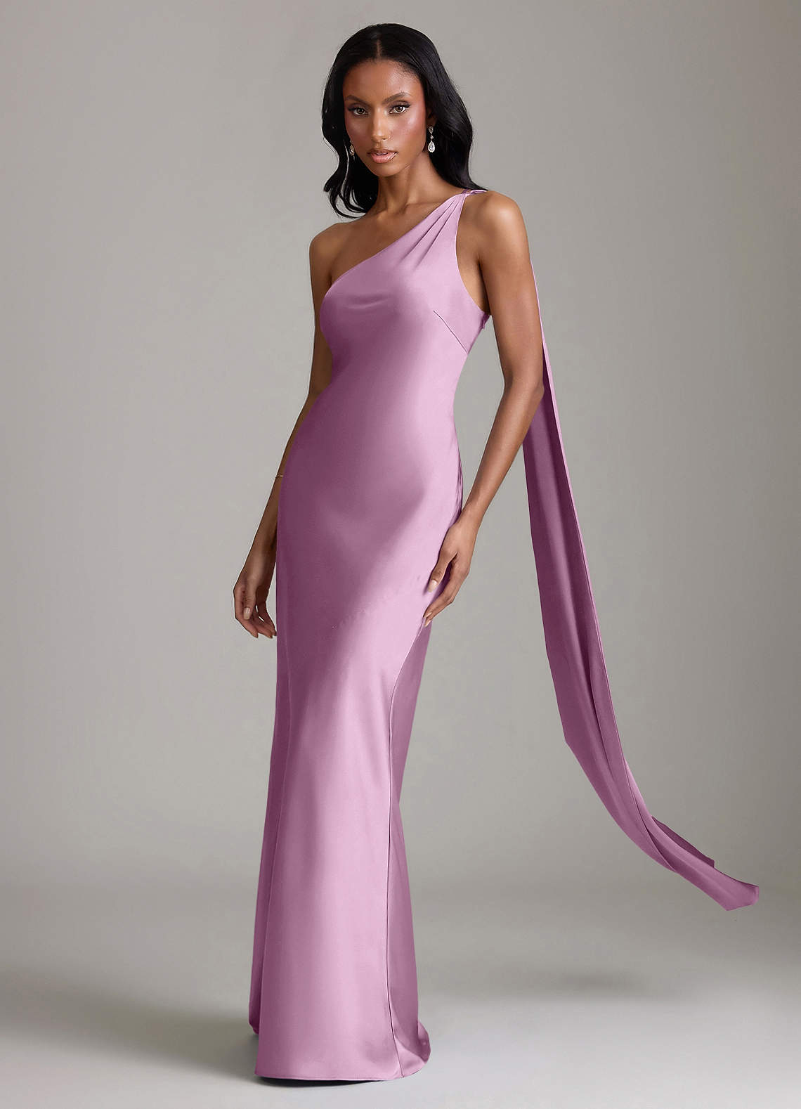 Juniper Mermaid One-Shoulder Stretch Satin Bridesmaid Dress in Wisteria
