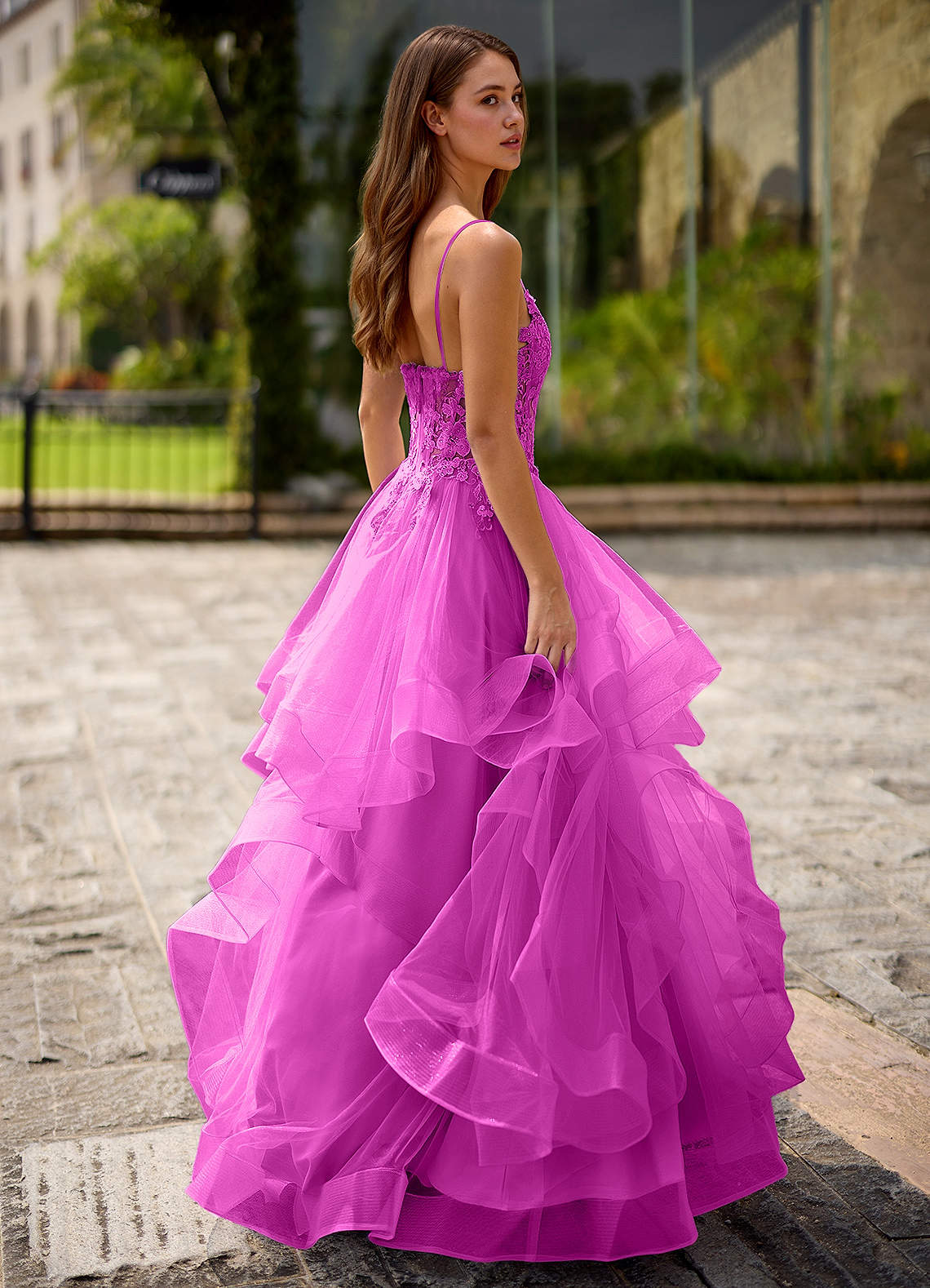 Spitze Ball Gown Sweetheart Lace Tulle Evening Dress in Fuchsia