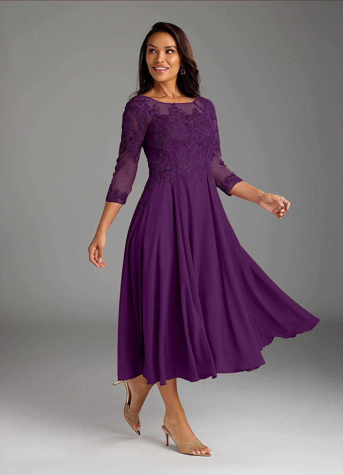Marge A-Line Scoop-Neck Chiffon and Lace Mother of the Bride Dress in Grape