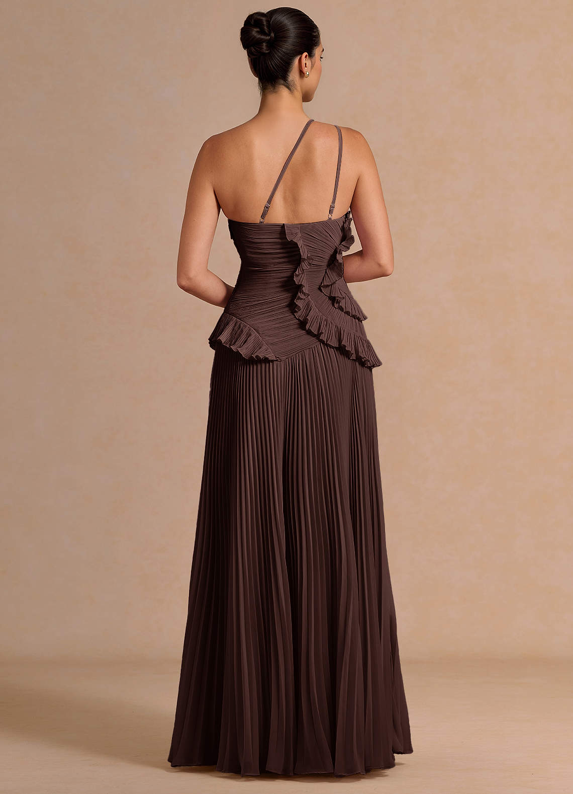 Melody A-Line One-Shoulder Chiffon Evening Dress in Truffle