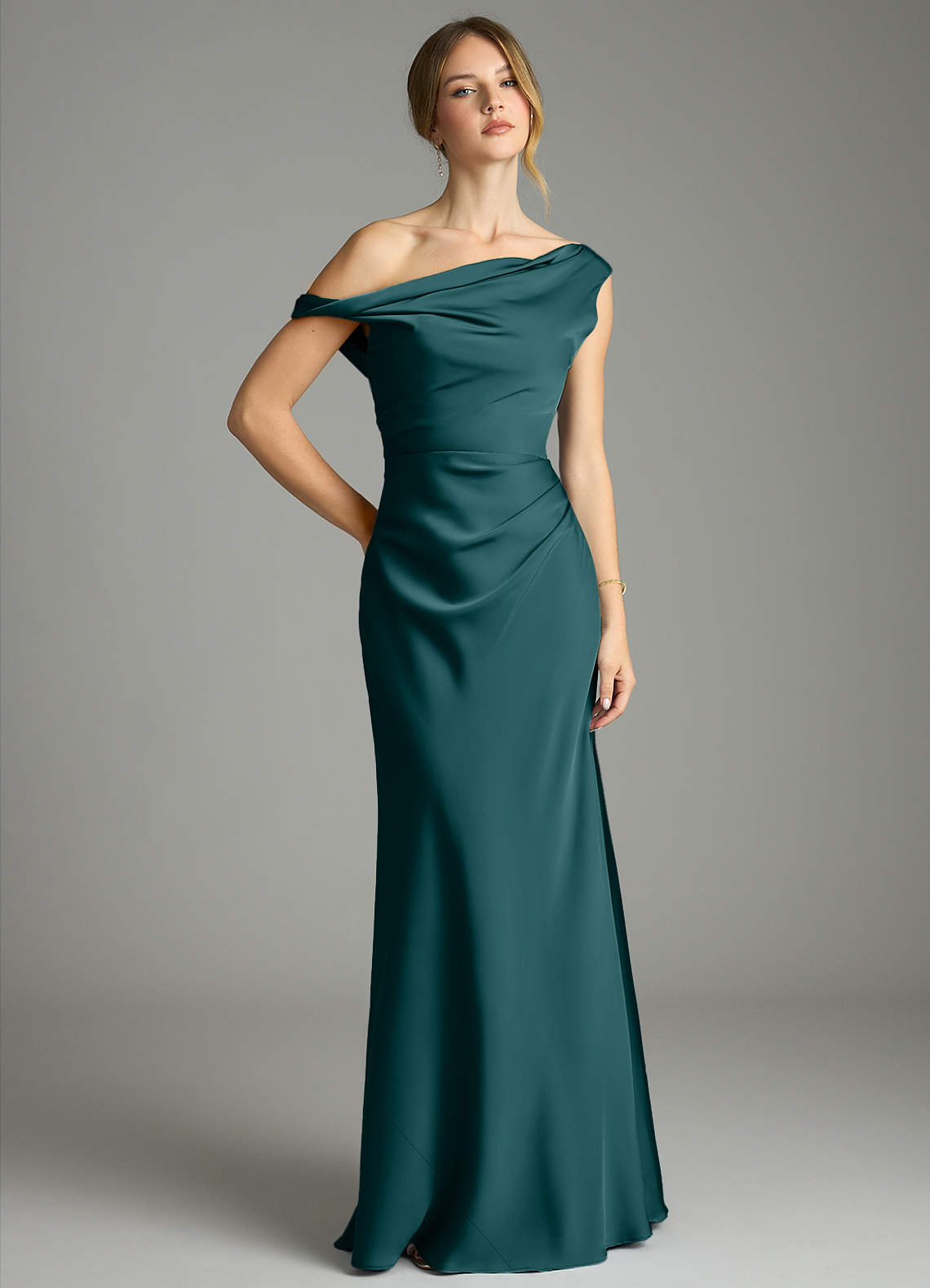 Emerson Mermaid One-Shoulder Stretch Satin Bridesmaid Dress in Pine