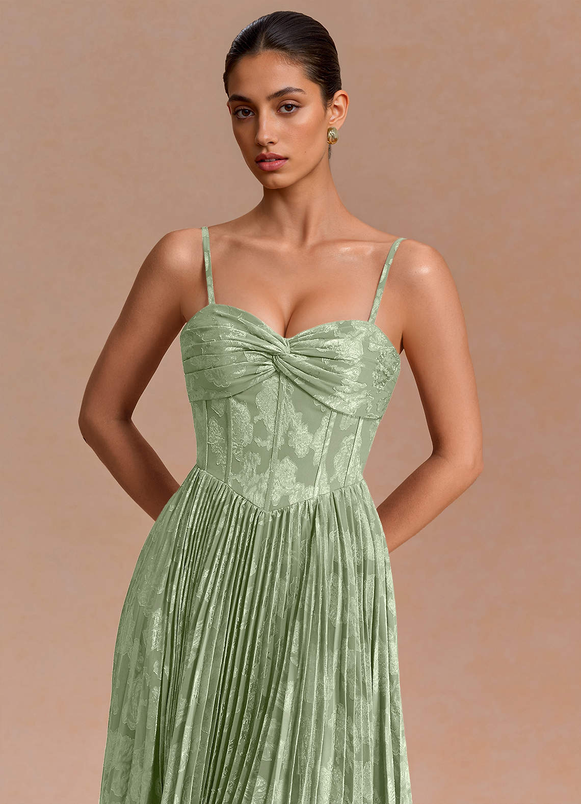 Delfina A-Line Twisted-Bust Fil Coupé Evening Dress in Light Green