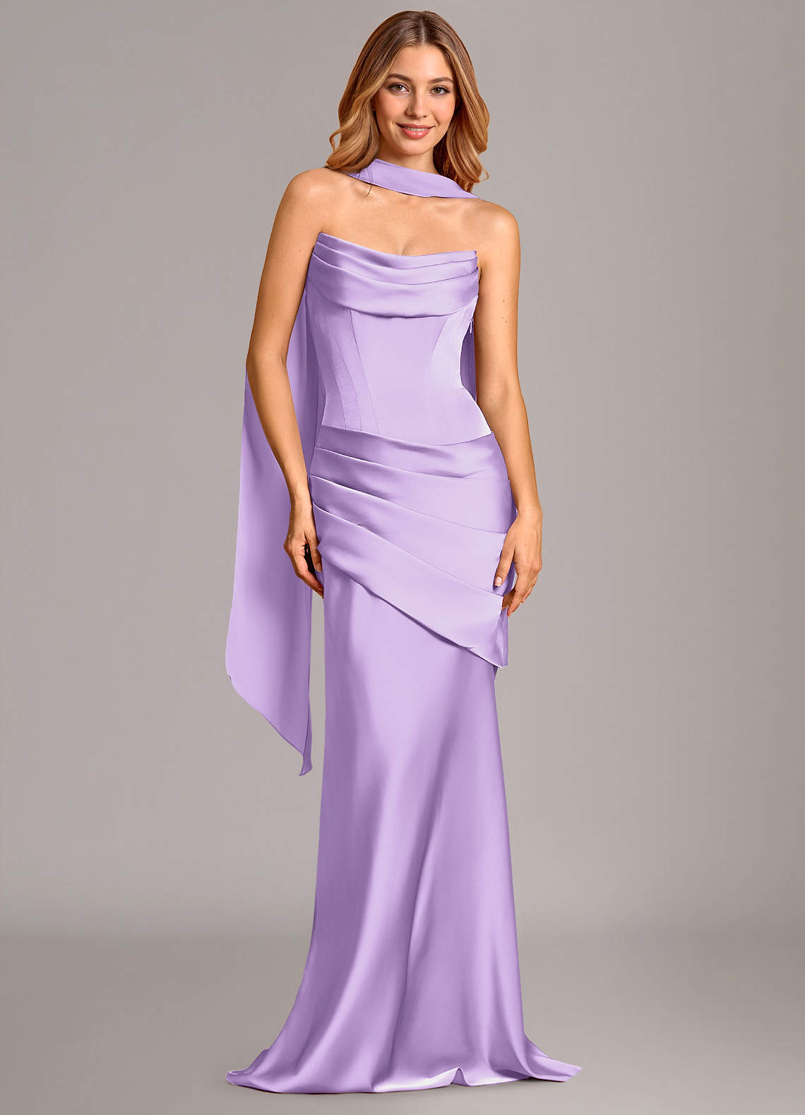 Pelagia Mermaid Cowl-Neck Stretch Satin Bridesmaid Dress in Lilac