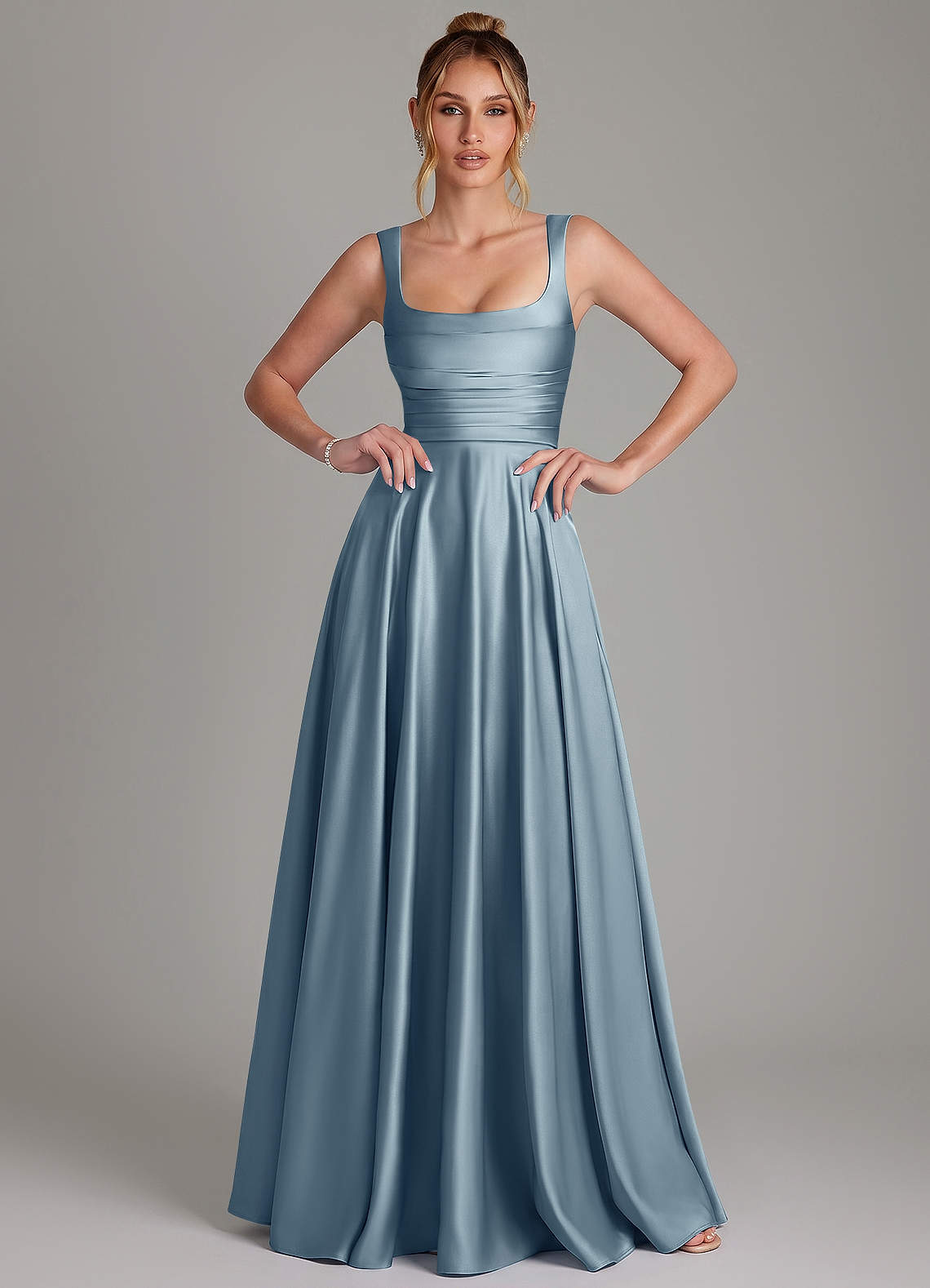 Azaria A-Line Square-Neck Stretch Satin Bridesmaid Dress in dusty blue