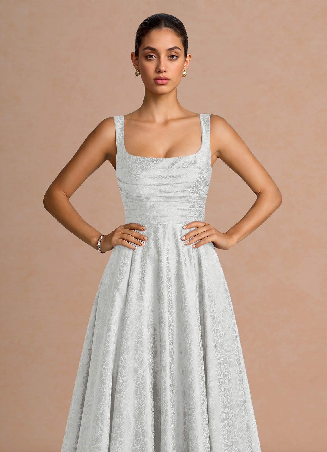 Elowena A-Line Square-Neck Satin Jacquard Evening Dress in Cream