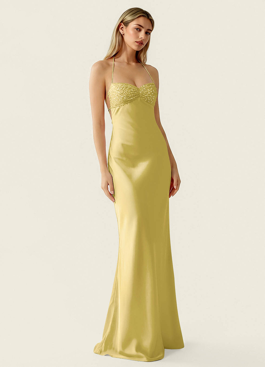 Valerianaire Mermaid Sweetheart Satin Evening Dress in Pastel Yellow