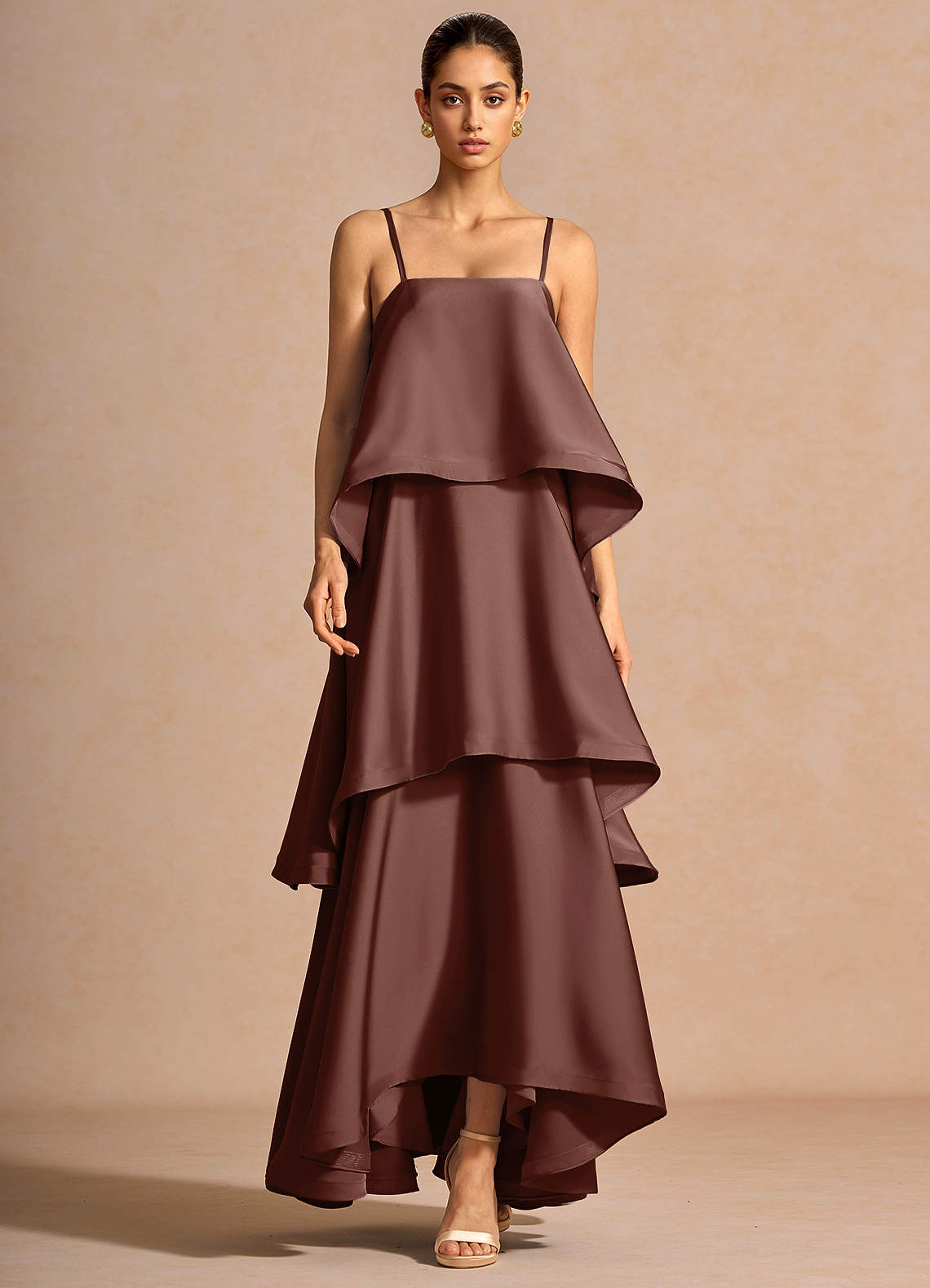 Itasca A-Line Tiered Stretch Satin Wedding Guest Dress in Mocha Coco