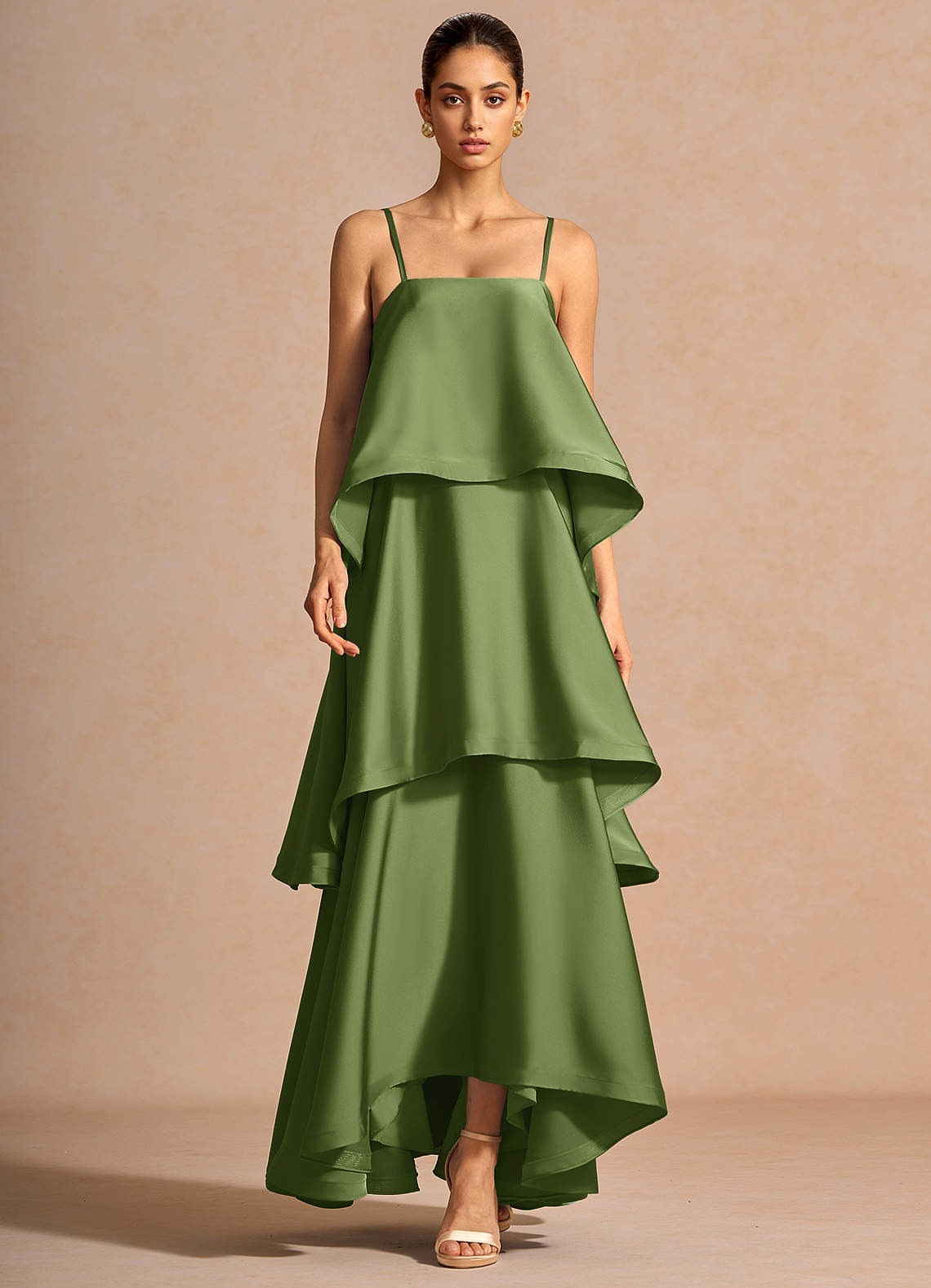 Itasca A-Line Tiered Stretch Satin Wedding Guest Dress in Olive Green