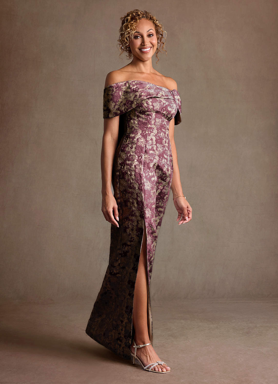 Zion Sheath Off-the-Shoulder Jacquard Mother of the Bride Dress in Cabernet