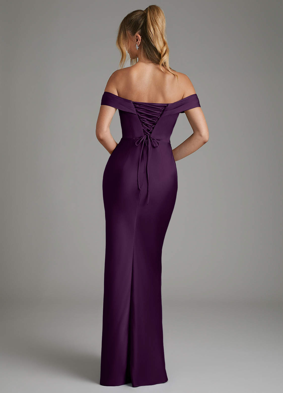 Hayden Mermaid Off-the-Shoulder Stretch Satin Bridesmaid Dress in Grape