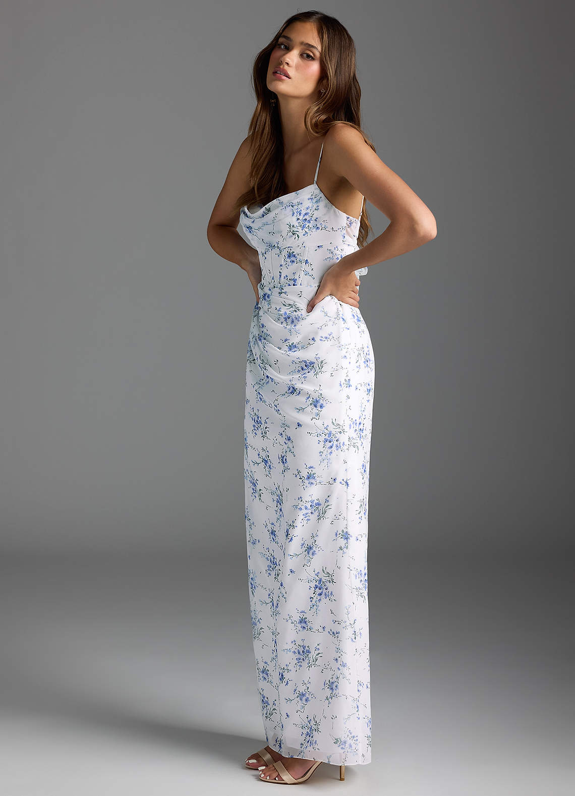 Mai Sheath Cowl-Neck Chiffon Bridesmaid Dress in Blue Cottage Floral