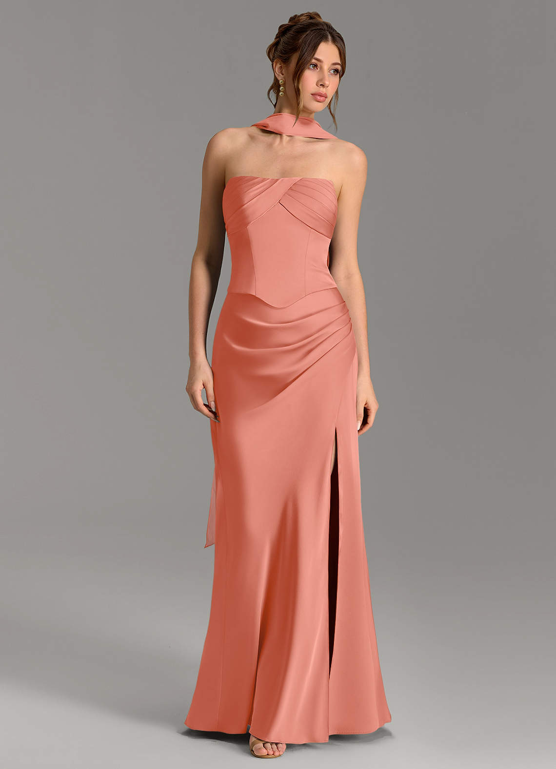 Nicki Sheath Scoop-Neck Stretch Satin Bridesmaid Dress in Salmon Pink