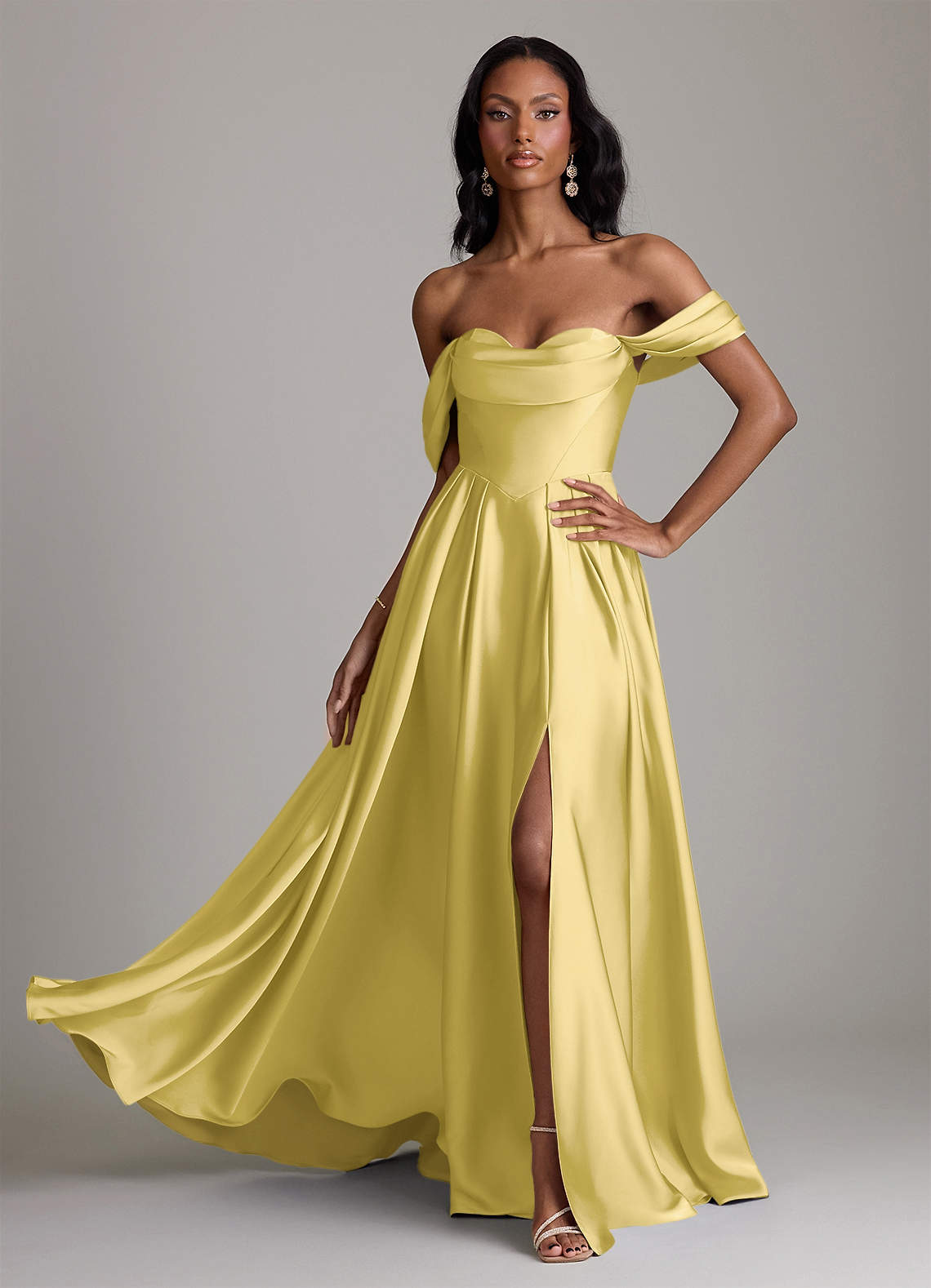 Loisa A-Line Off-the-Shoulder Stretch Satin Bridesmaid Dress in Canary