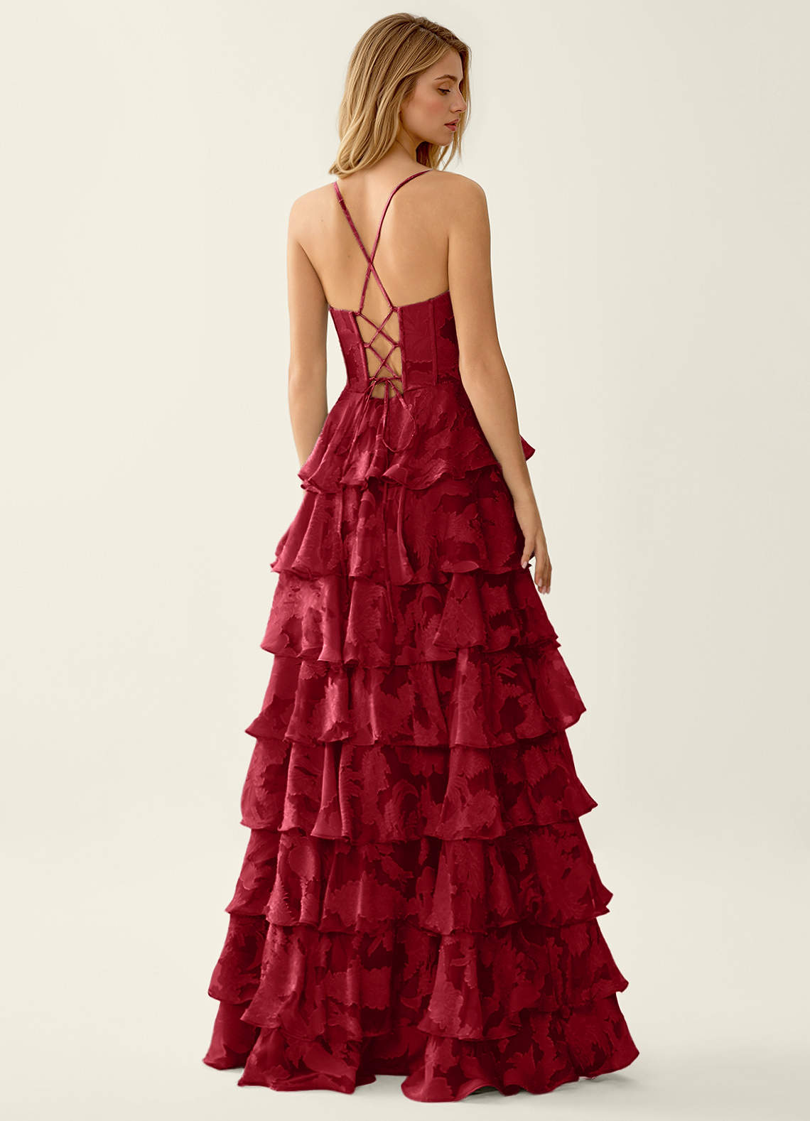 Wrenana A-Line Cowl-Neck Floral Burnout Evening Dress in Ruby Red