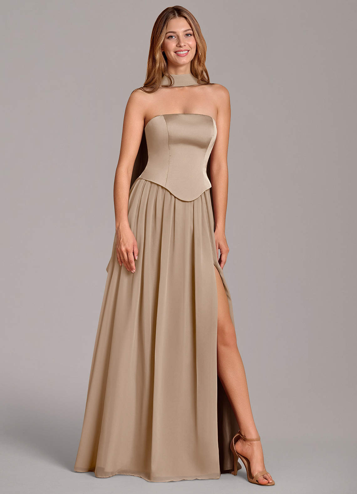 Cadence A-Line Strapless Chiffon and Stretch Satin Bridesmaid Dress in Taupe