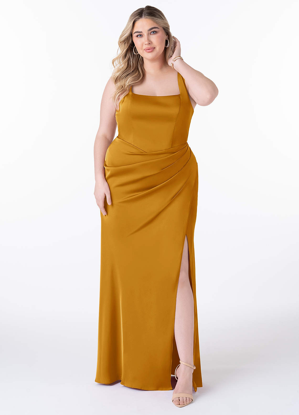 Mero Mermaid Square-Neck Stretch Satin Bridesmaid Dress in butterscotch