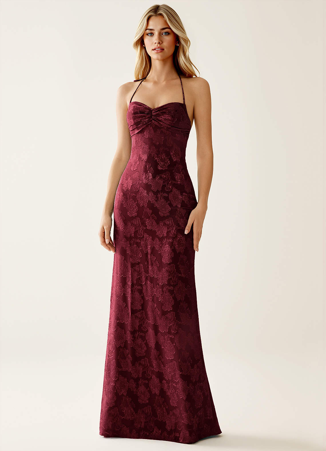 Angena Sheath Halter Floral Burnout Evening Dress in Wine