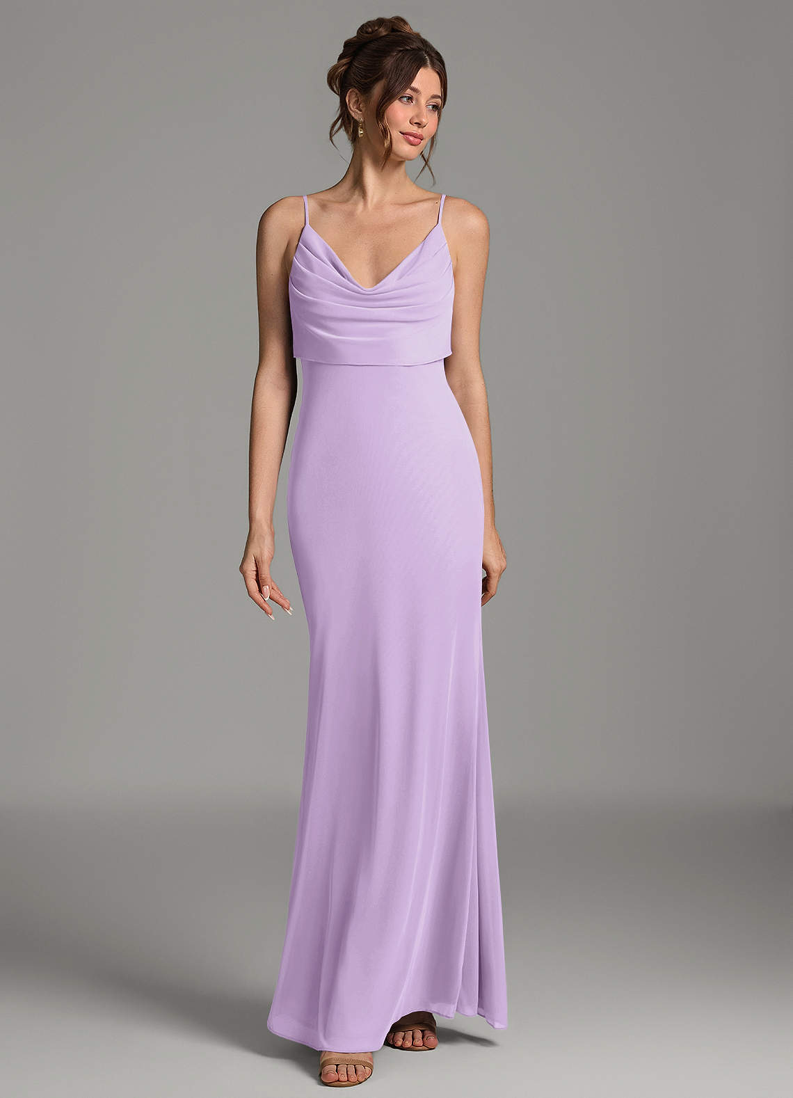 Zari Mermaid Cowl-Neck Mesh Bridesmaid Dress in Lilac