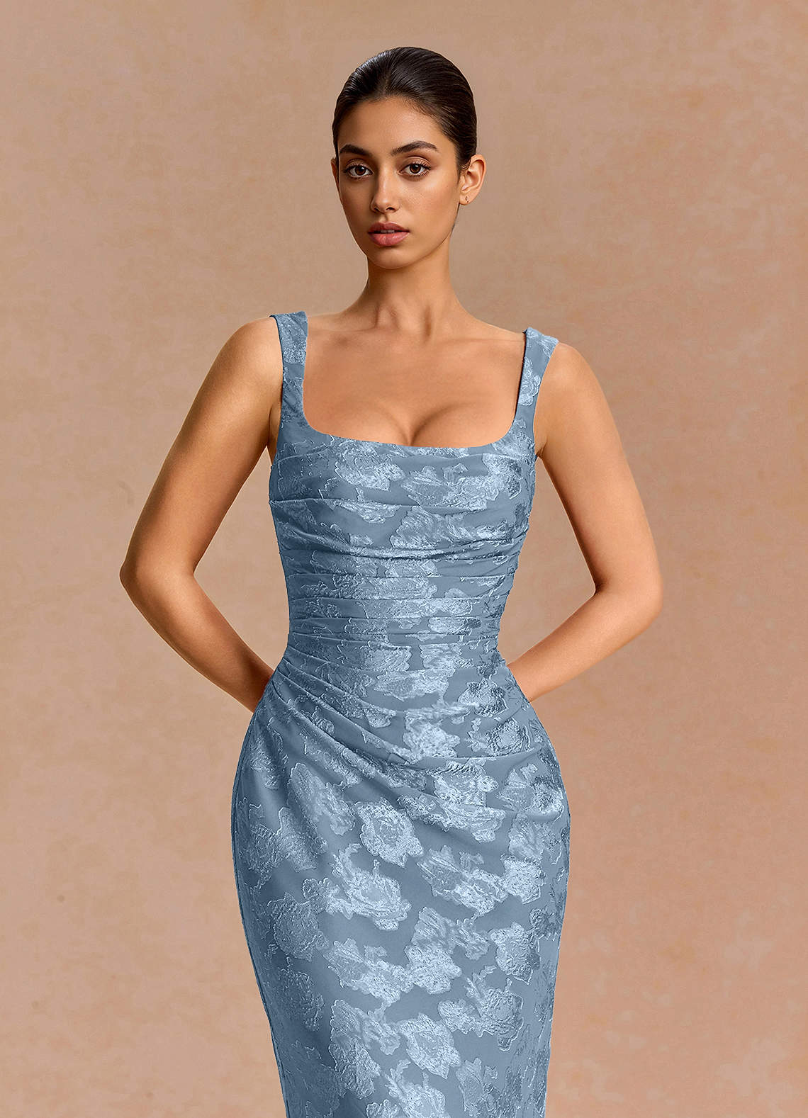 Agustina Square-Neck Pleated Fil Coupé Evening Dress in Dusty Blue