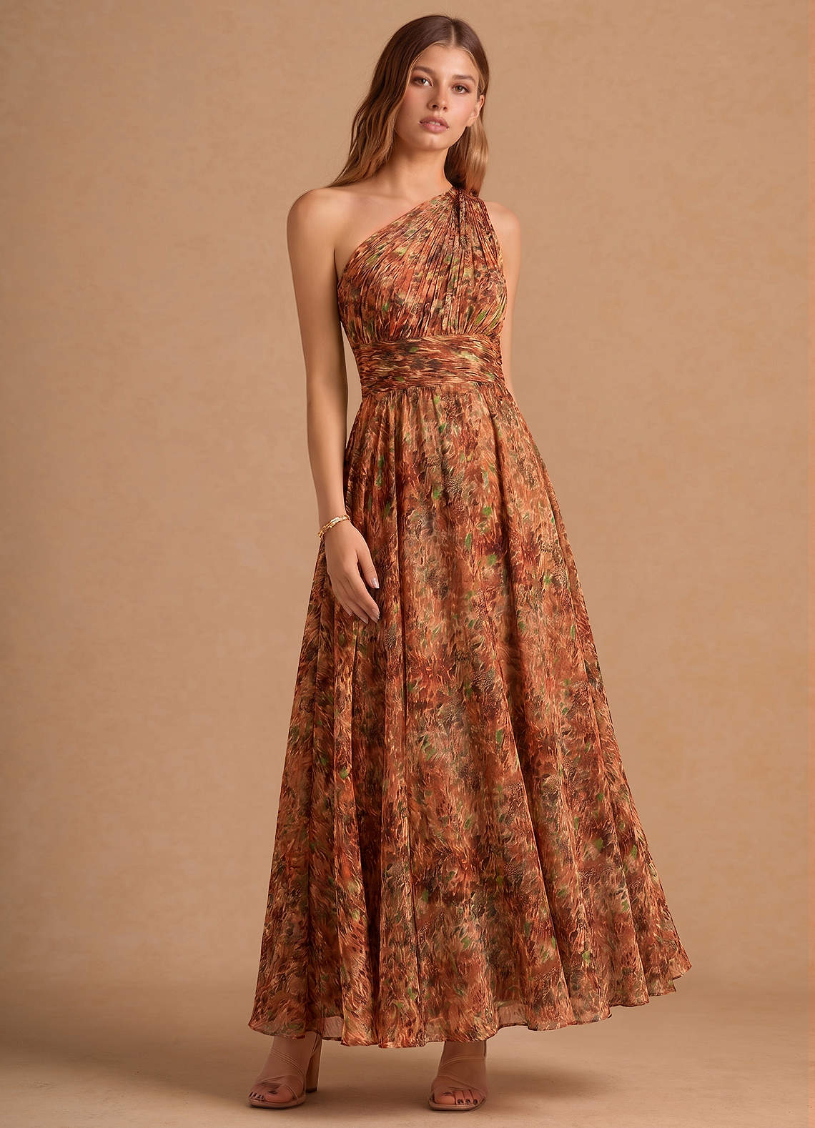Noelle A-Line Twisted-Shoulder Chiffon Wedding Guest Dress in Orange Floral