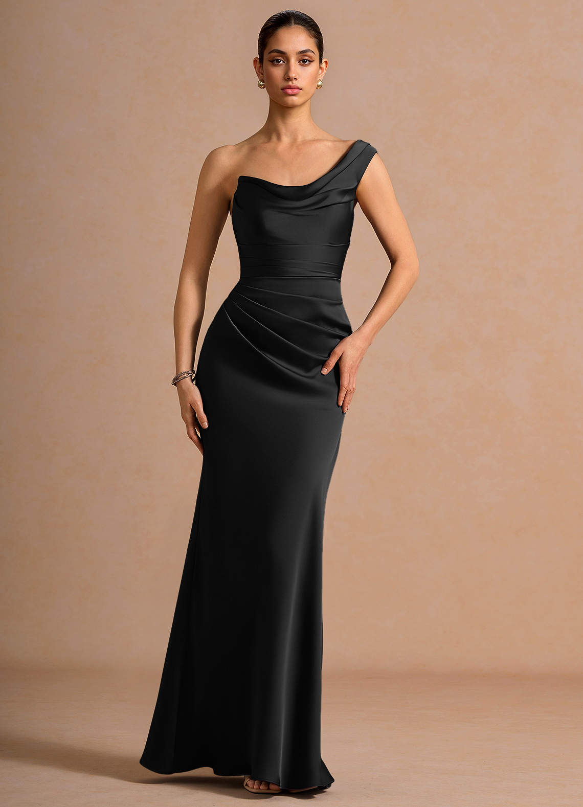 Cassiopeia One-Shoulder Draped Stretch Satin Evening Dress in black