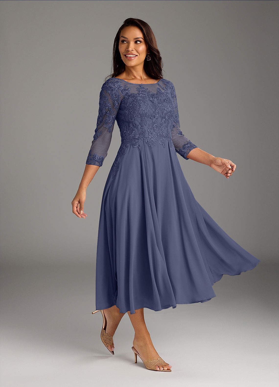 Marge A-Line Scoop-Neck Chiffon and Lace Mother of the Bride Dress in Stormy