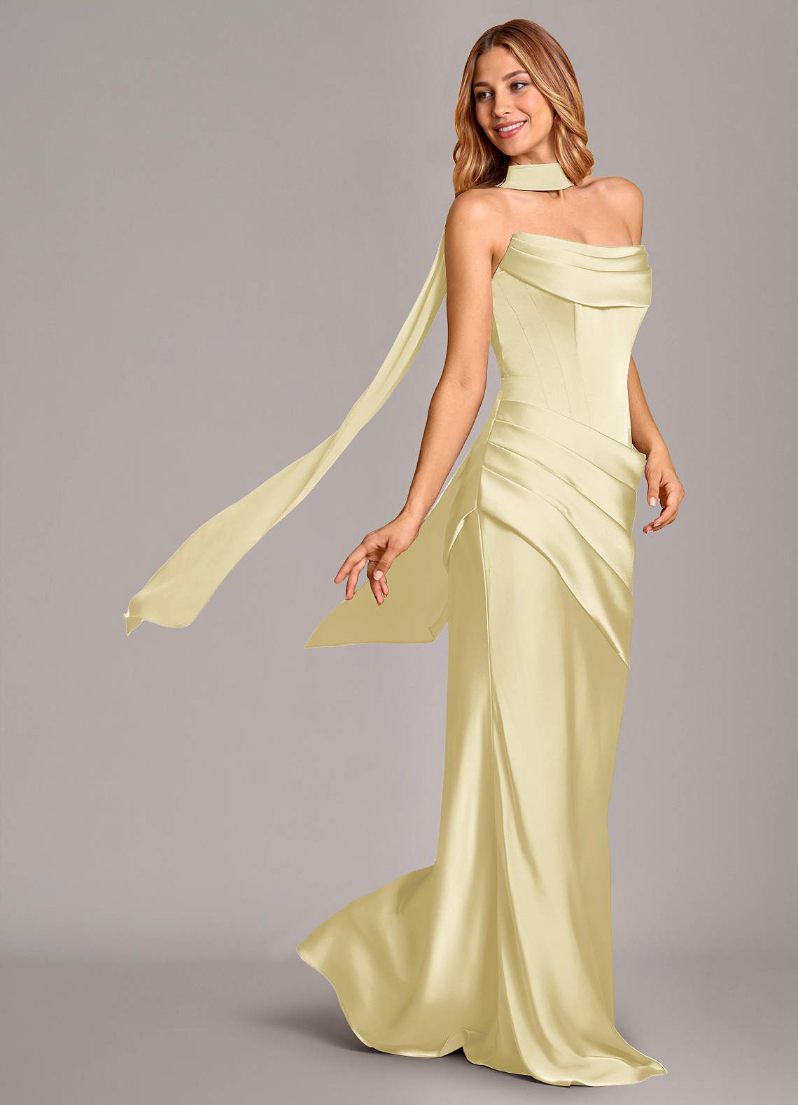 Pelagia Mermaid Cowl-Neck Stretch Satin Bridesmaid Dress in Lemon Sorbet