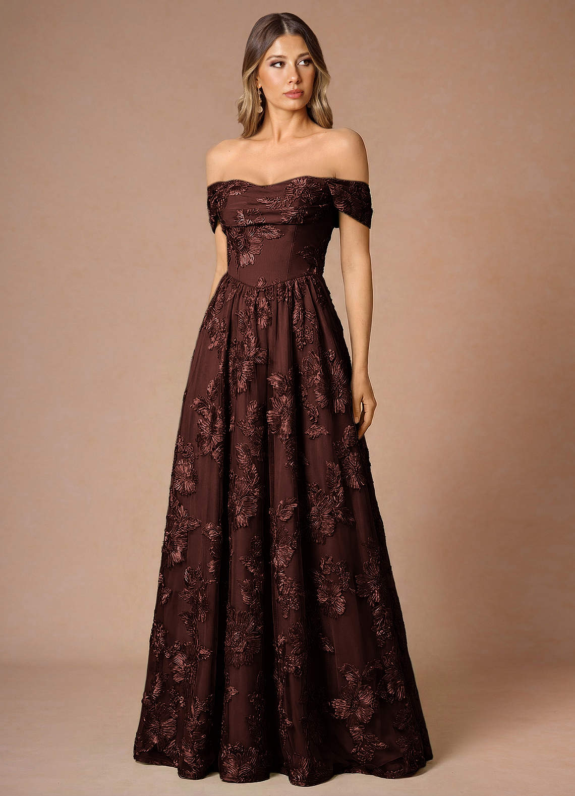Hazel A-Line Cowl-Neck Floral Mesh Wedding Guest Dress in Coco
