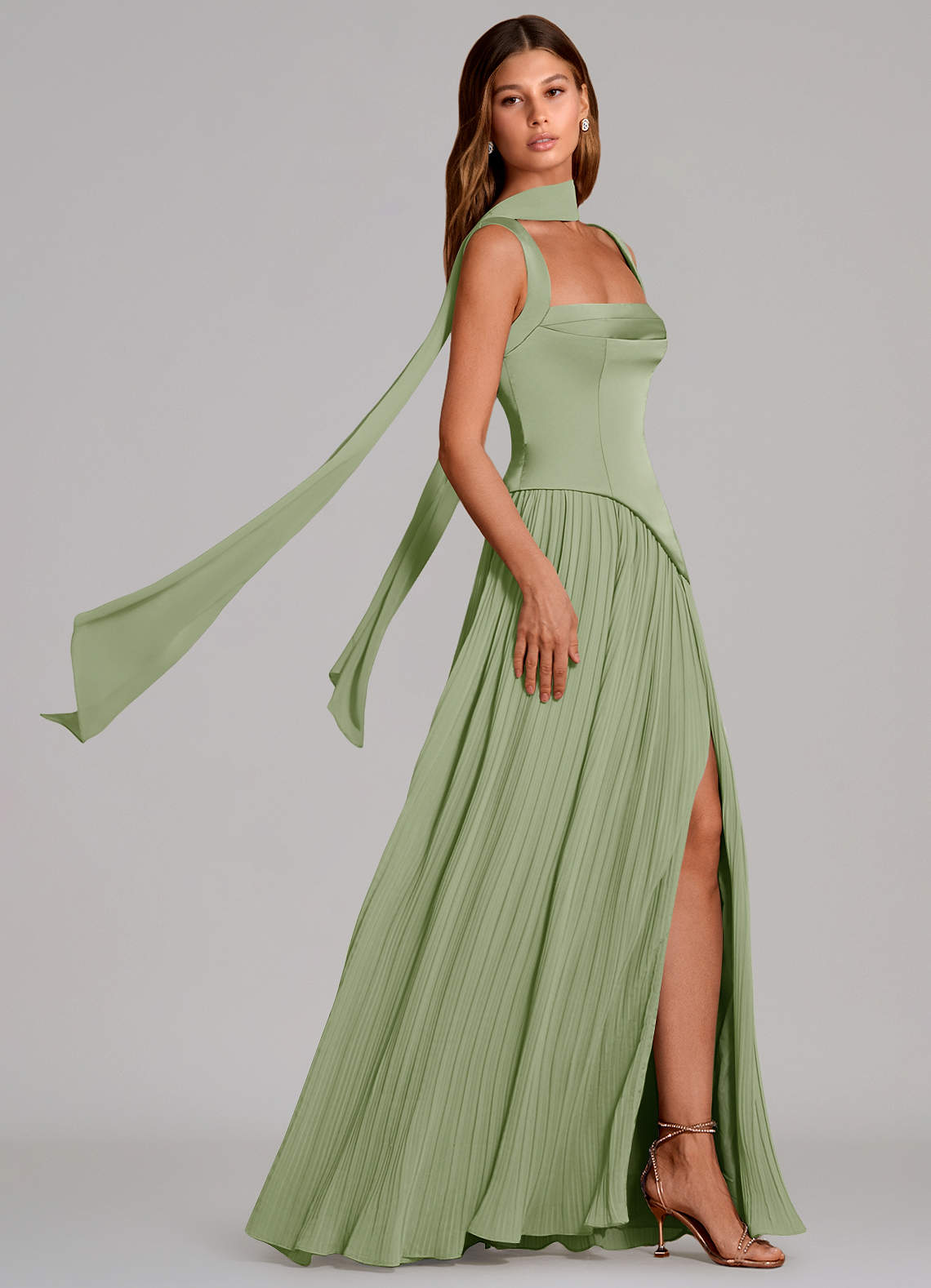 Stephanie A-Line Square-Neck Stretch Satin and Chiffon Bridesmaid Dress in Dusty Sage