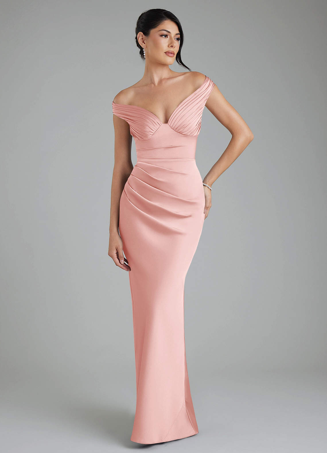 Stella Sheath V-Neck Stretch Satin Bridesmaid Dress in Powder Pink