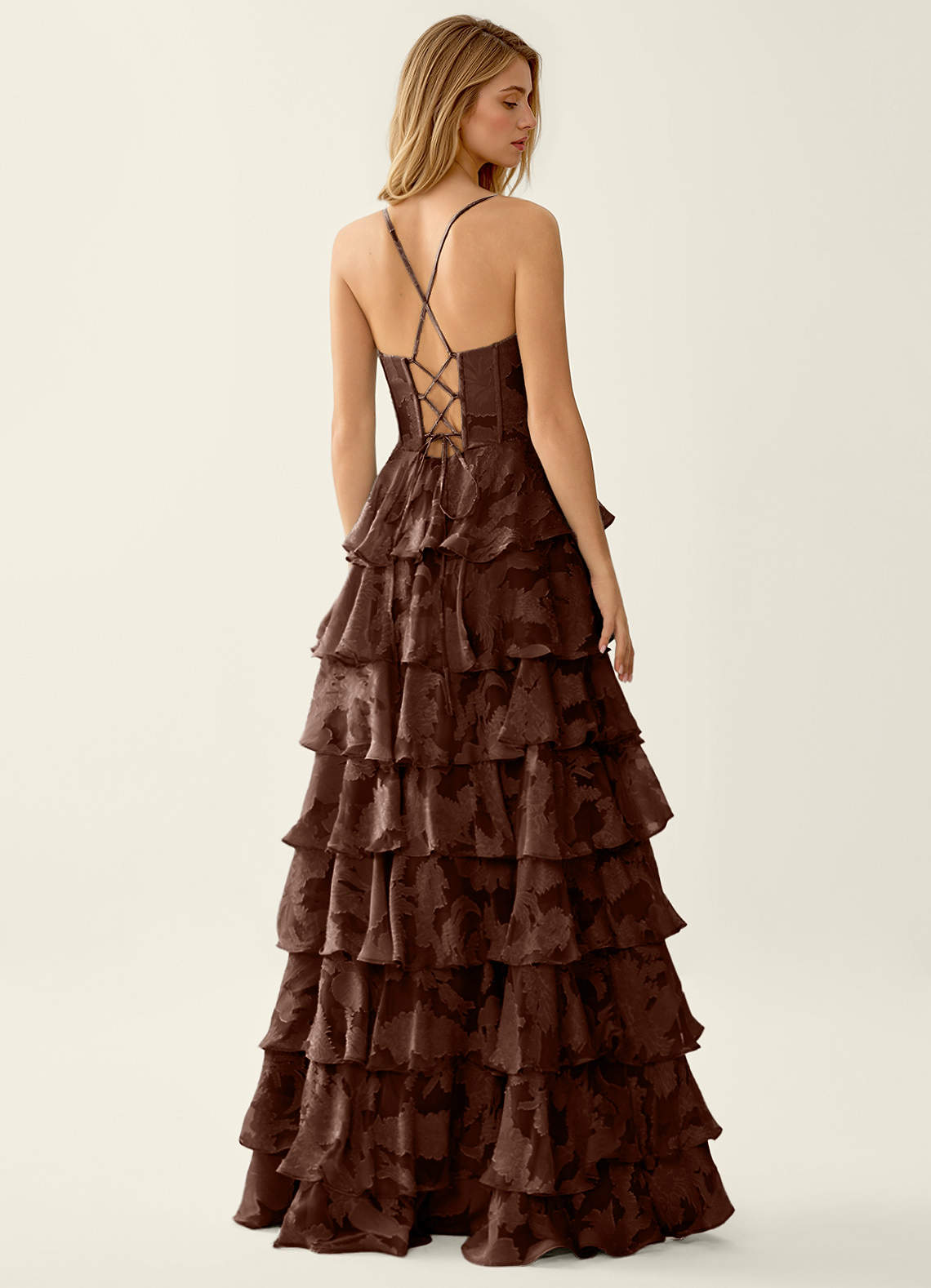 Wrenana A-Line Cowl-Neck Floral Burnout Evening Dress in Mocha Coco