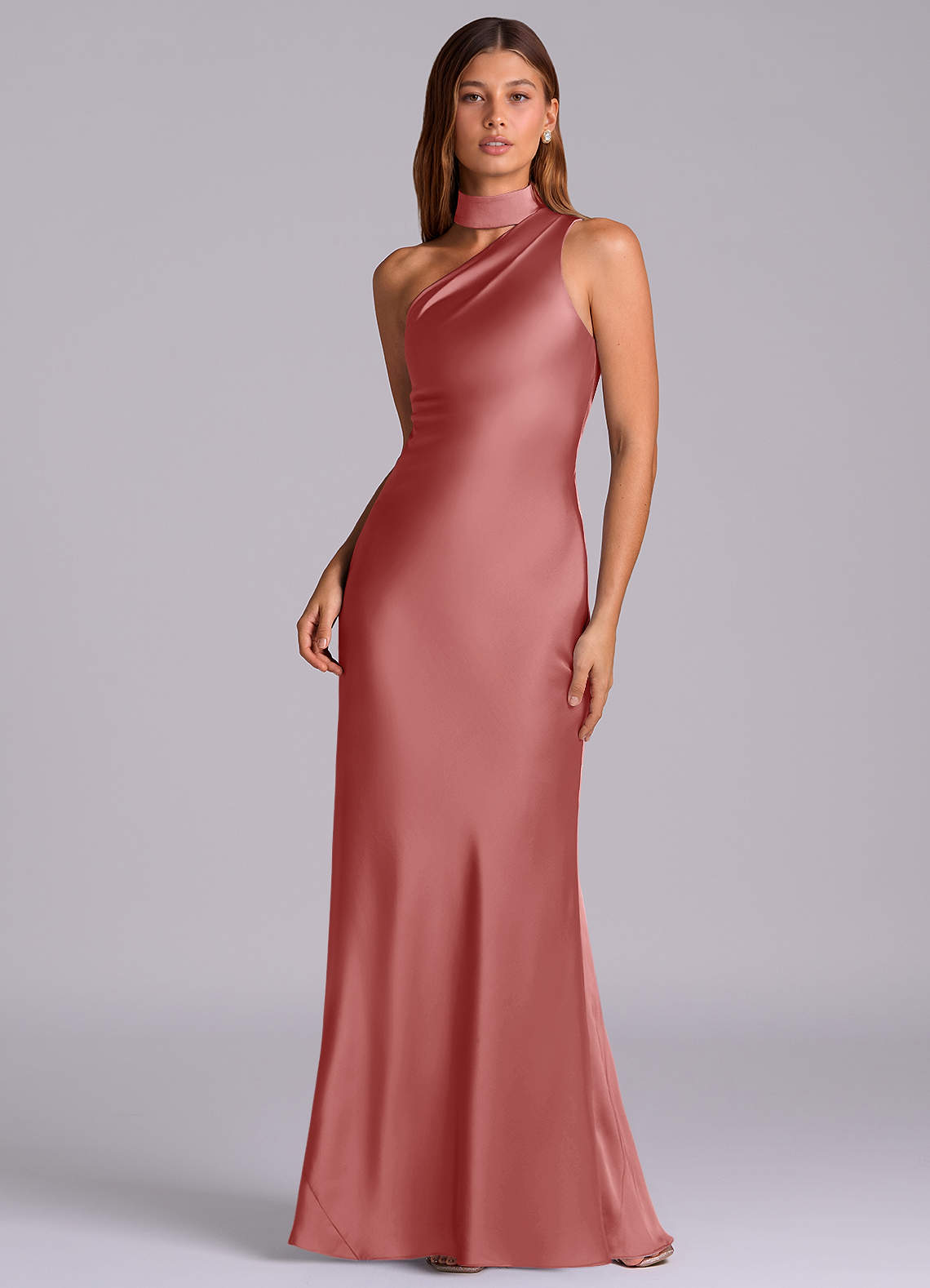 Seona Mermaid One-Shoulder Stretch Satin and Tulle Bridesmaid Dress in Antique Rose
