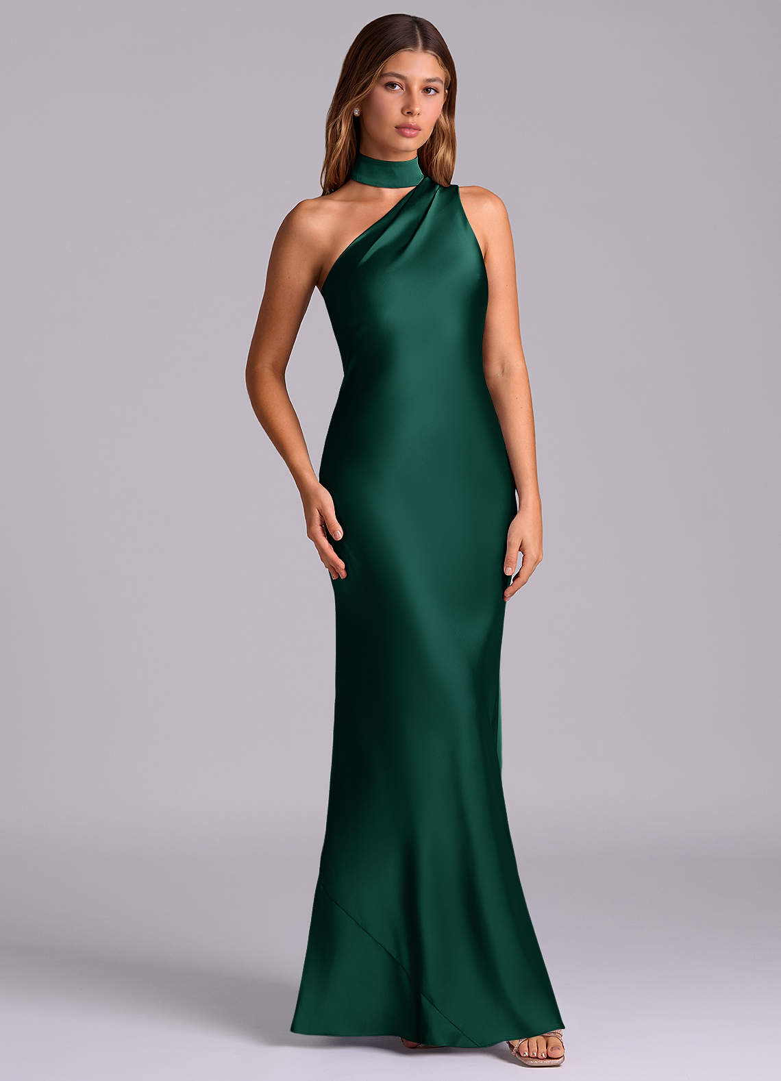 Seona Mermaid One-Shoulder Stretch Satin and Tulle Bridesmaid Dress in Emerald