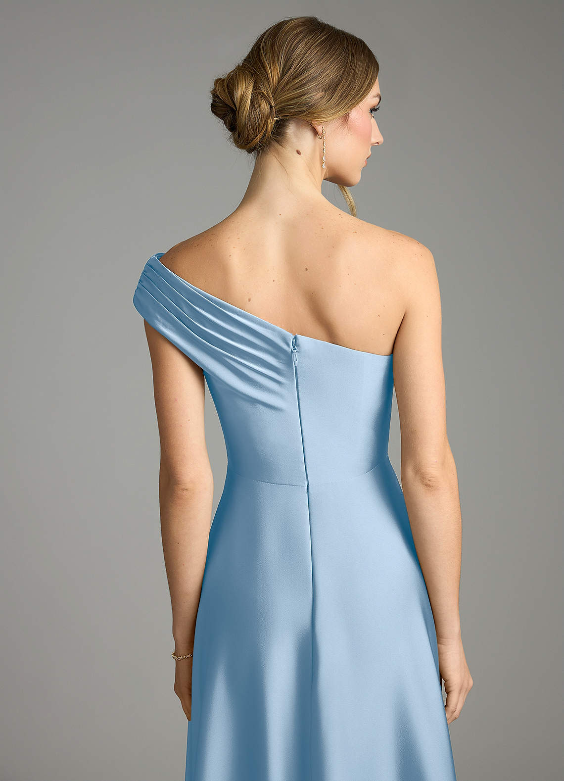 Melanie A-Line One-Shoulder Stretch Satin Bridesmaid Dress in Powder Blue