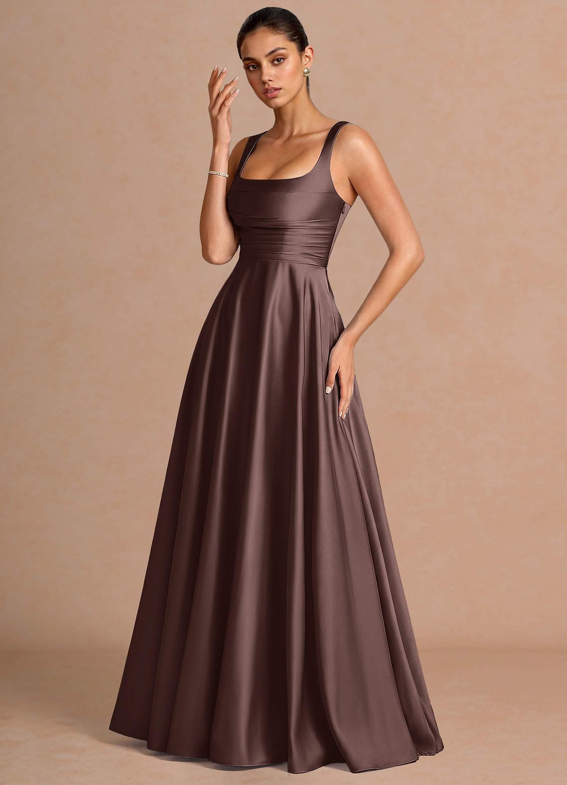 Azaria A-Line Square-Neck Stretch Satin Wedding Guest Dress in Truffle