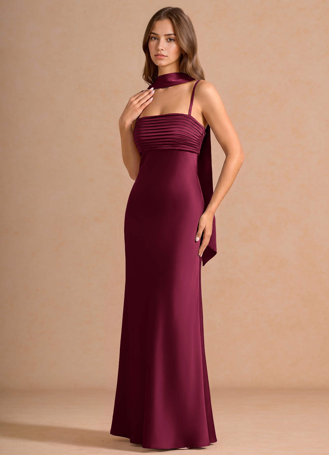 Seraphina A-Line Scarf Stretch Satin Evening Dress in Merlot