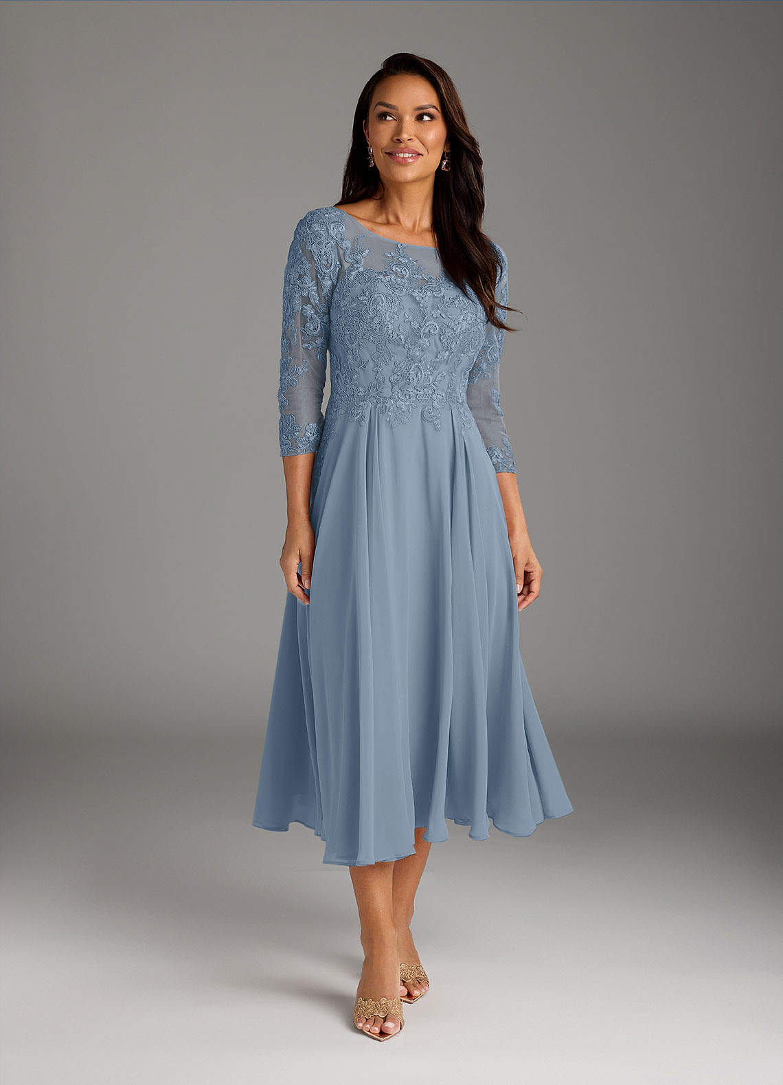 Marge A-Line Scoop-Neck Chiffon and Lace Mother of the Bride Dress in dusty blue