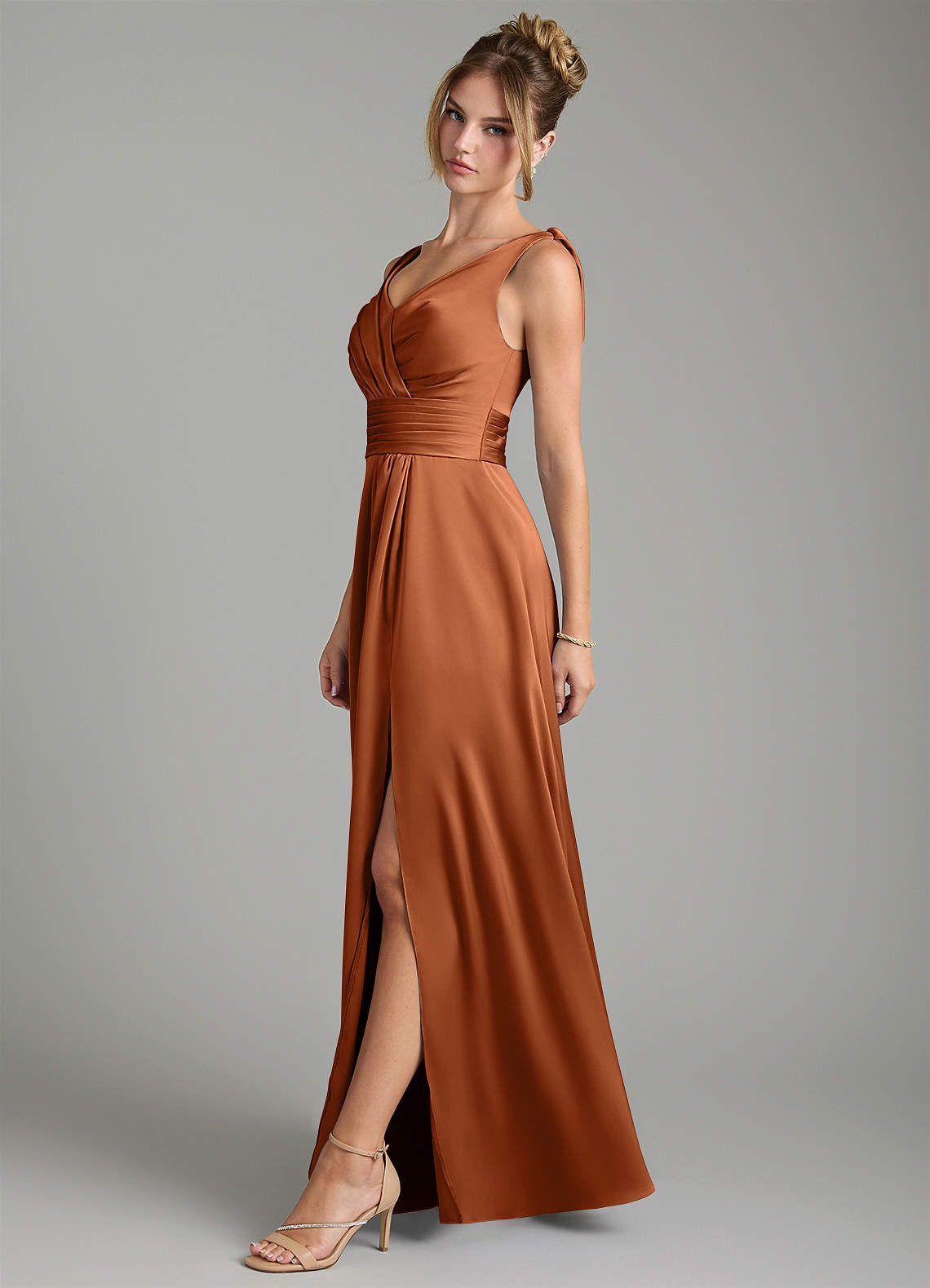 Karina A-Line V-Neck Stretch Satin Bridesmaid Dress in Copper