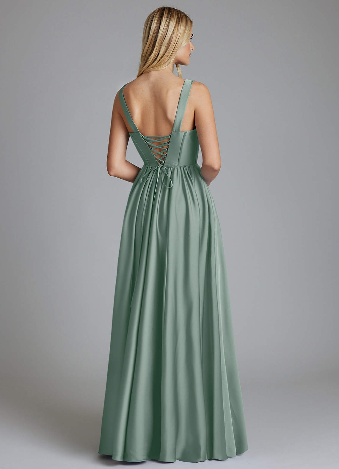 Delmie A-Line V-Neck Stretch Satin Bridesmaid Dress in Silver Sage
