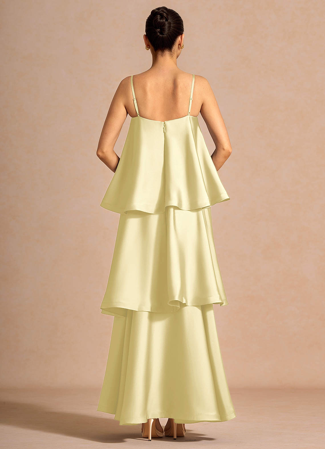 Itasca A-Line Tiered Stretch Satin Wedding Guest Dress in Butter Yellow