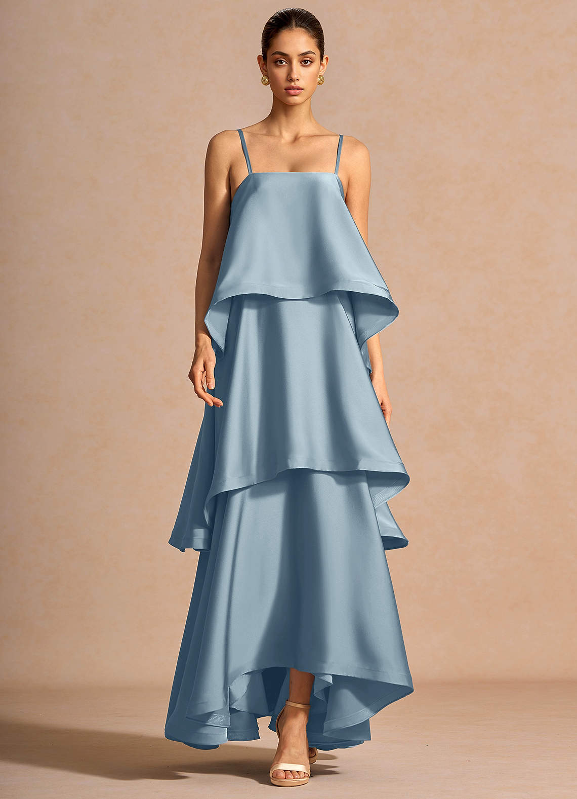Itasca A-Line Tiered Stretch Satin Wedding Guest Dress in Powder Blue
