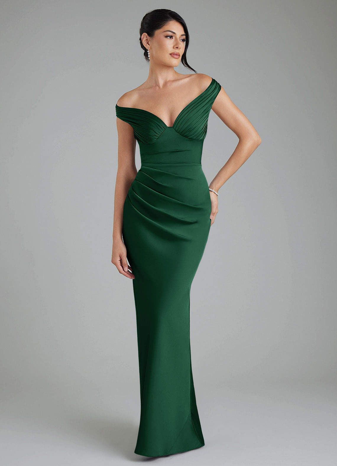 Stella Sheath V-Neck Stretch Satin Bridesmaid Dress in Dark Green
