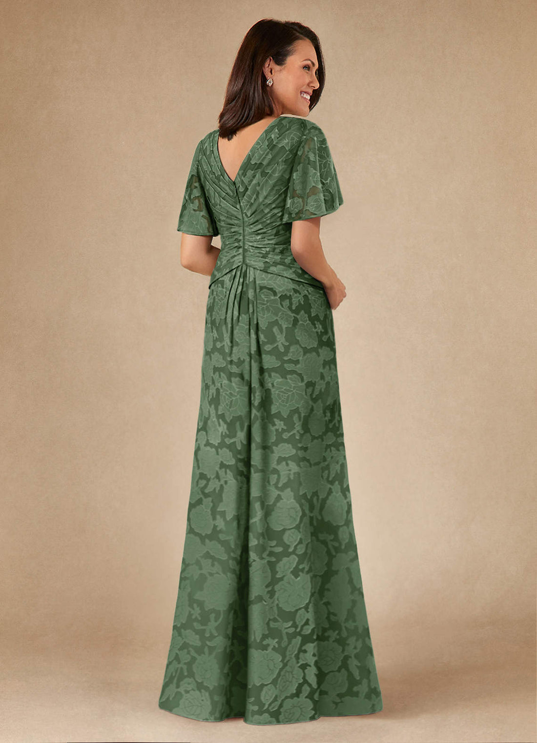 Emmeline A-Line V-Neck Floral Burnout Mother of the Bride Dress in eucalyptus