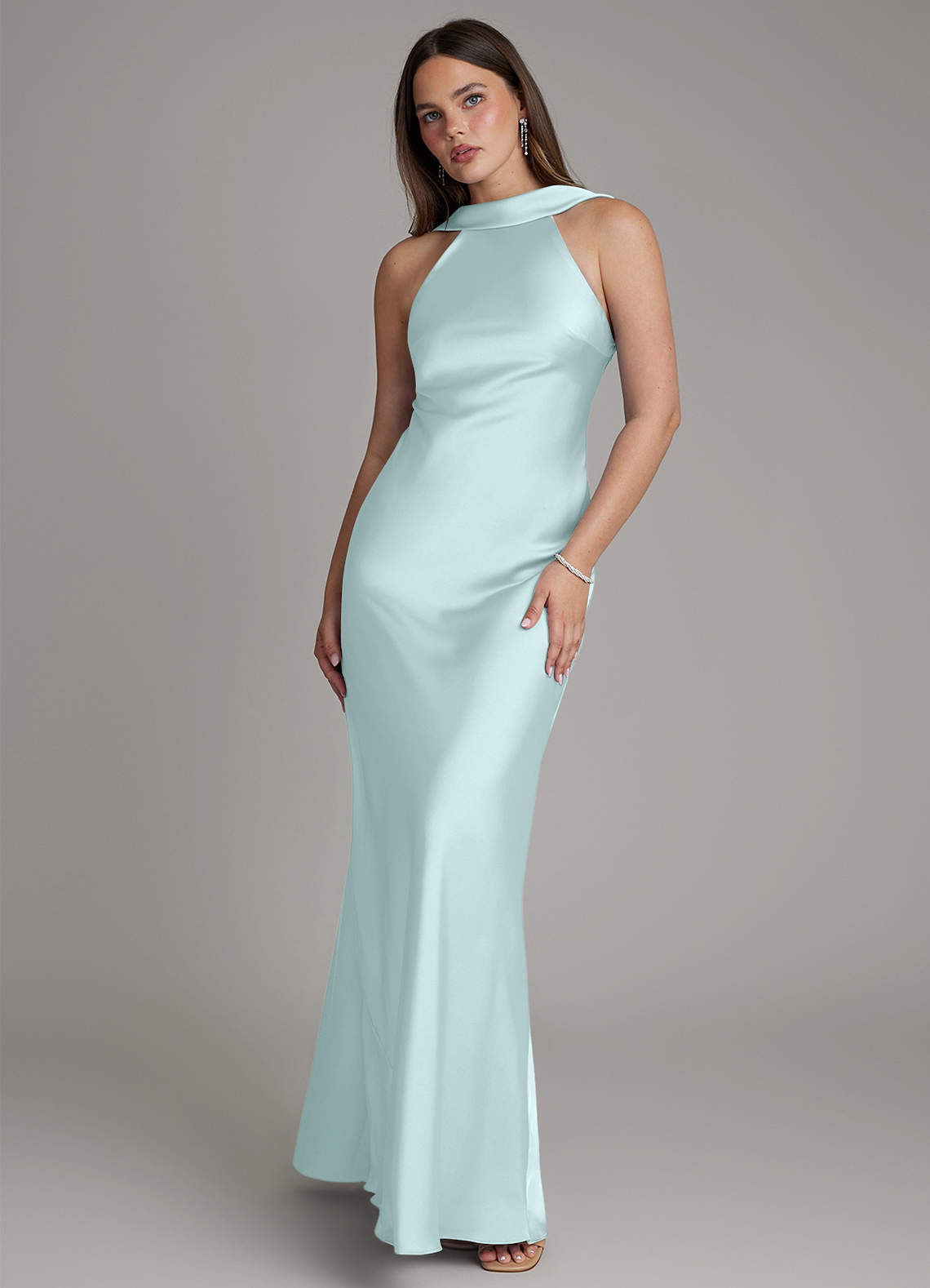 Dimitra Sheath Halter Stretch Satin Bridesmaid Dress in Sea Glass