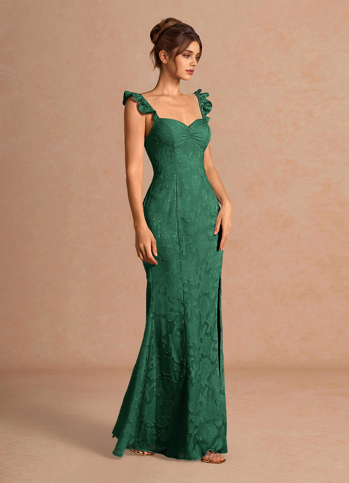 Romilly Mermaid Ruffled Chiffon Burnout Evening Dress in Agave Green
